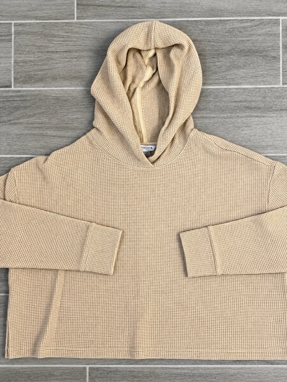 Athleta Womens Tan Waffle-Knit Hooded cropped Hoodie